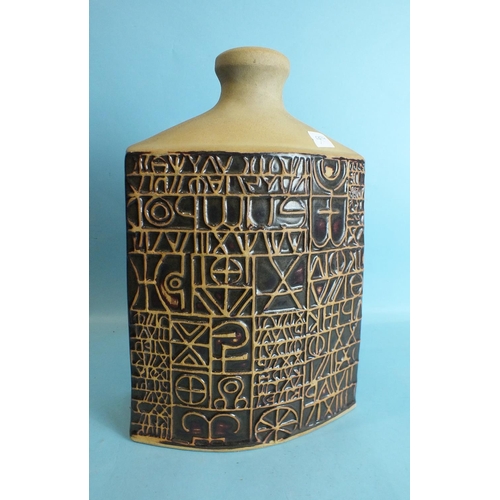 776 - A Tremaen studio pottery sculptural hieroglyphic table lamp base of tapering rectangular form, 36cm ... 