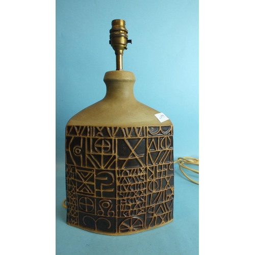 777 - A similar smaller Tremaen studio pottery sculptural hieroglyphic table lamp base, 29.5cm high, 21cm ... 