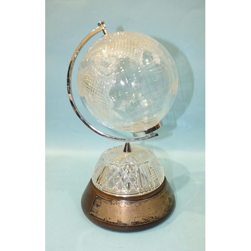 779 - A Waterford glass and chrome terrestrial globe on turned wood stand, with silver presentation plaque... 