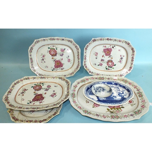 794 - A set of four late 18th century Chinese famille rose shaped rectangular dishes, 34cm, (two cracked a... 