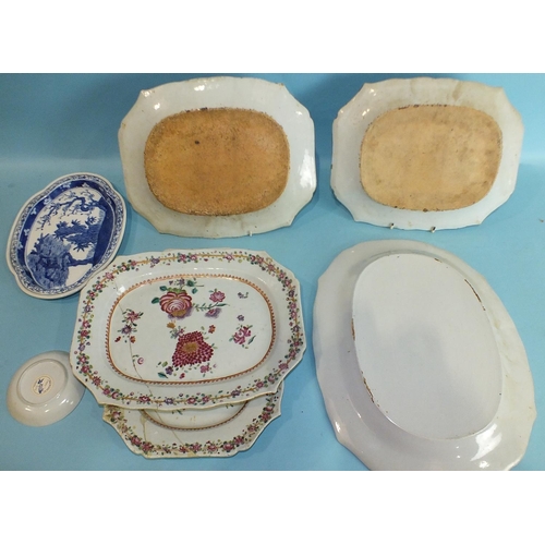 794 - A set of four late 18th century Chinese famille rose shaped rectangular dishes, 34cm, (two cracked a... 