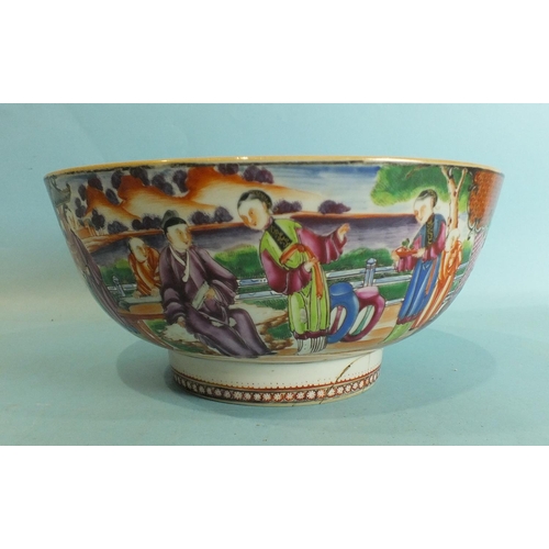 801 - A late-18th century Chinese mandarin pattern bowl decorated with court scenes, 26cm diameter (damage... 