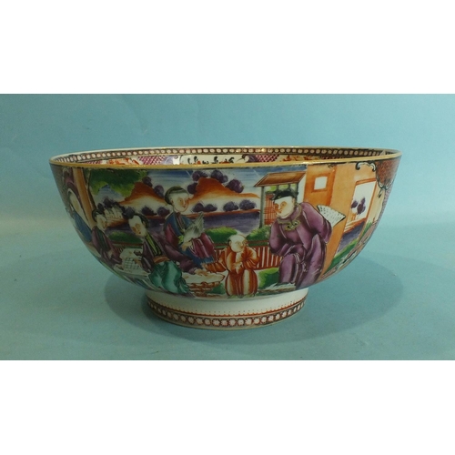 801 - A late-18th century Chinese mandarin pattern bowl decorated with court scenes, 26cm diameter (damage... 