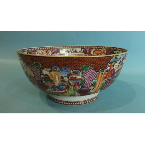 801 - A late-18th century Chinese mandarin pattern bowl decorated with court scenes, 26cm diameter (damage... 