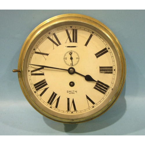 804 - A Smiths brass bulkhead clock, the circular white enamel dial with second subsidiary and slow/fast l... 