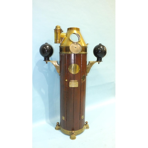 811 - A Henry Brown & Sons Sestrel teak ship's binnacle, having brass cover enclosing gimbal-mounted compa... 