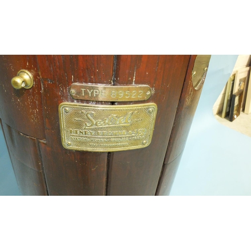 811 - A Henry Brown & Sons Sestrel teak ship's binnacle, having brass cover enclosing gimbal-mounted compa... 