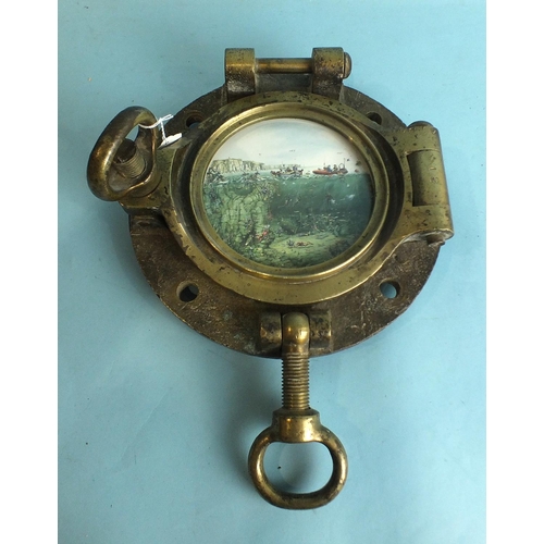 819 - A bronze porthole and cover stamped J Roby at Rainhill, 27cm, 16cm aperture and a damaged porthole c... 