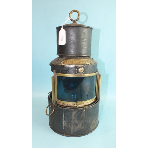 820 - A japanned metal signal lamp, 'Port', 'Starboard', with clear filters and sliding shutters, by J S S... 