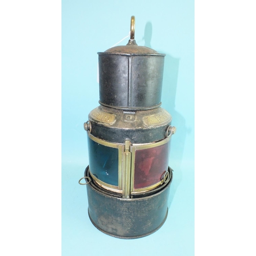 820 - A japanned metal signal lamp, 'Port', 'Starboard', with clear filters and sliding shutters, by J S S... 