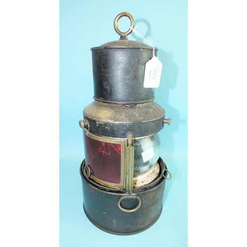 820 - A japanned metal signal lamp, 'Port', 'Starboard', with clear filters and sliding shutters, by J S S... 