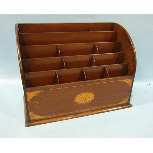 823 - An Edwardian mahogany stationery rack inlaid with fan decoration and stringing, 39cm wide, 28cm high... 