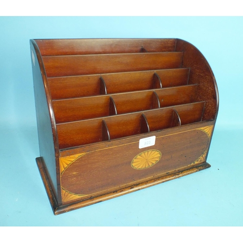 823 - An Edwardian mahogany stationery rack inlaid with fan decoration and stringing, 39cm wide, 28cm high... 