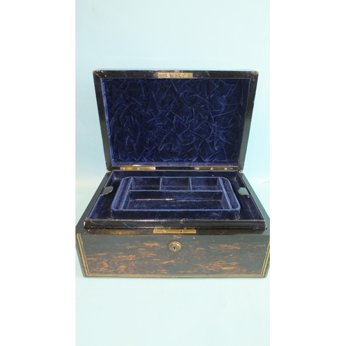 826 - A Victorian Lunds of London coromandel jewellery case, the blue-lined interior with two removable je... 