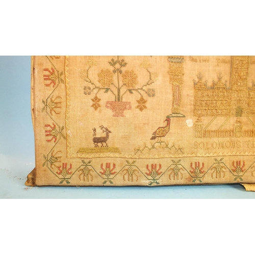 832 - A Victorian needlework sampler decorated with royal cipher, prayer, vases of flowers, animals, Mason... 