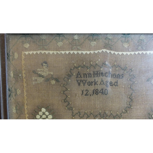 833 - A Victorian needlework sampler by Ann Hitchens, Age 12, 1840, decorated with frontis piece To Judith... 