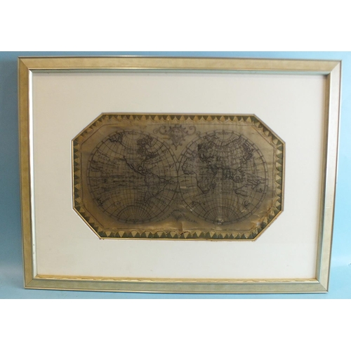 834 - An early-19th century silk-work double globe-form map of the world signed 'E Blundell 1825', 24 x 41... 