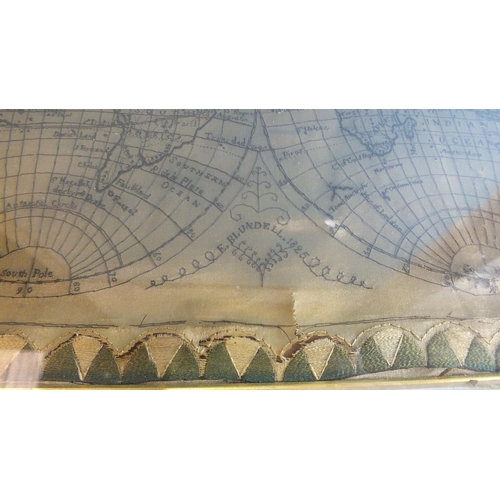 834 - An early-19th century silk-work double globe-form map of the world signed 'E Blundell 1825', 24 x 41... 