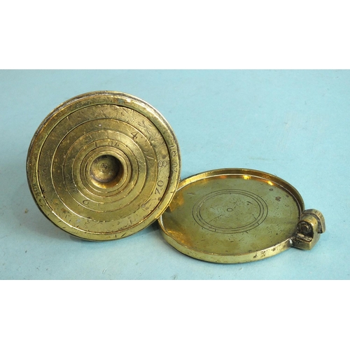 836 - A set of seven nesting brass weights, including lid, catch and hinge damaged, calibrated ¼ - 16oz, 4... 