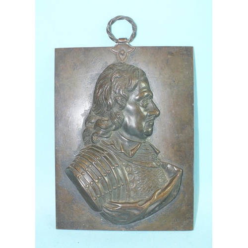 841 - A 19th century bronze profile bust of Oliver Cromwell applied to a bronze plaque, with hanger, unsig... 