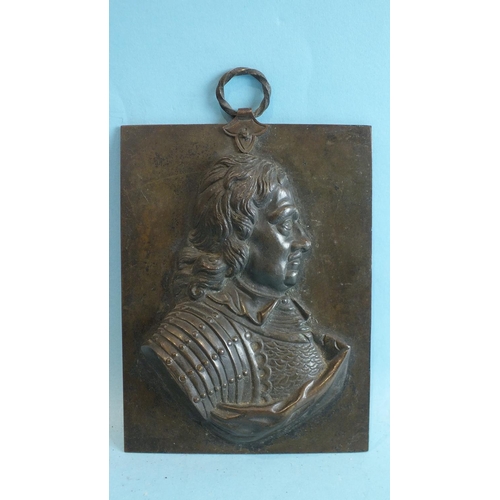 841 - A 19th century bronze profile bust of Oliver Cromwell applied to a bronze plaque, with hanger, unsig... 