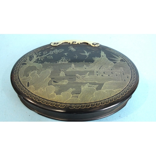 843 - An 18th century tortoiseshell and gold piqué snuff box the oval lid inlaid with a town and seascape ... 