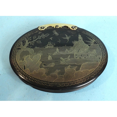 843 - An 18th century tortoiseshell and gold piqué snuff box the oval lid inlaid with a town and seascape ... 