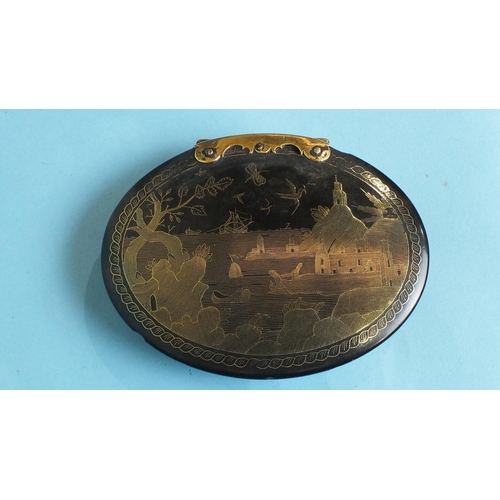 843 - An 18th century tortoiseshell and gold piqué snuff box the oval lid inlaid with a town and seascape ... 