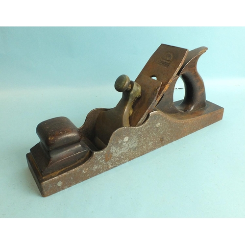 855 - A rosewood and iron block plane with bronze wedge stamped Slaters, Ayr, rosewood infills and Marples... 