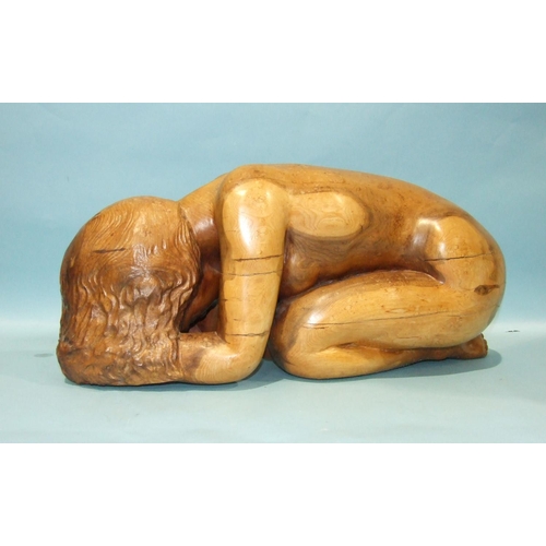 863 - Arthur Morris, a yew carving of a nude woman in a kneeling position and resting her head on her hand... 