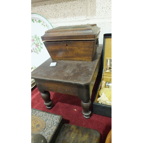 125 - A small stained wood stool on four turned legs, 19.5 x 31cm, 16cm high, a leather dressing case with... 