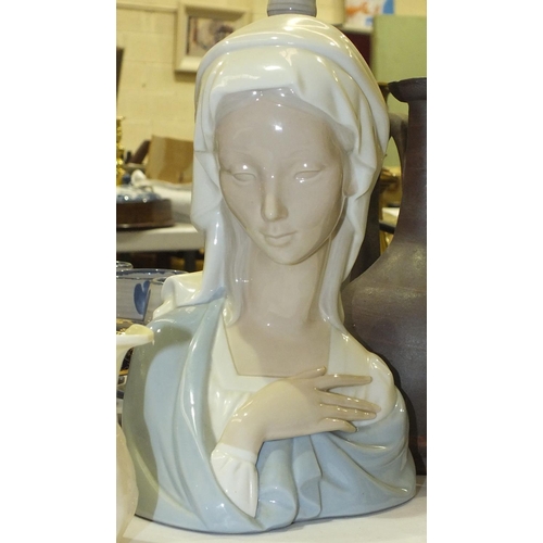 138 - A Lladro head of the Madonna, 22cm high, a small Belleek cream jug and bowl with green factory mark,... 