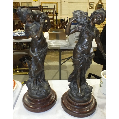 141 - A pair of spelter female figures after L & F Moreau on wooden bases, 44cm high overall, an oriental ... 