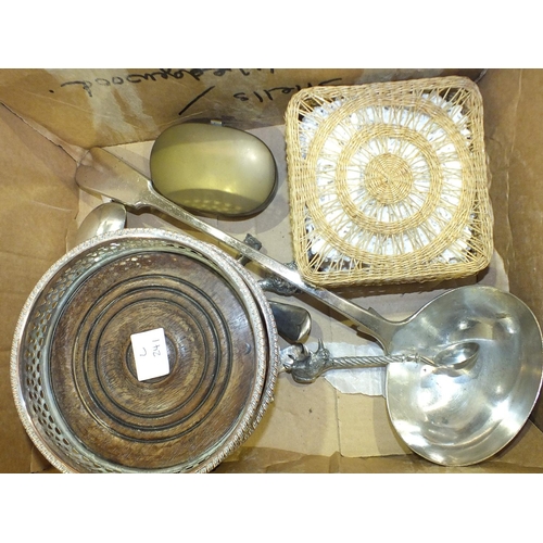 172 - A pair of plated coasters, a pair of brass candle sticks, a door stop, a Gemstone egg box containing... 