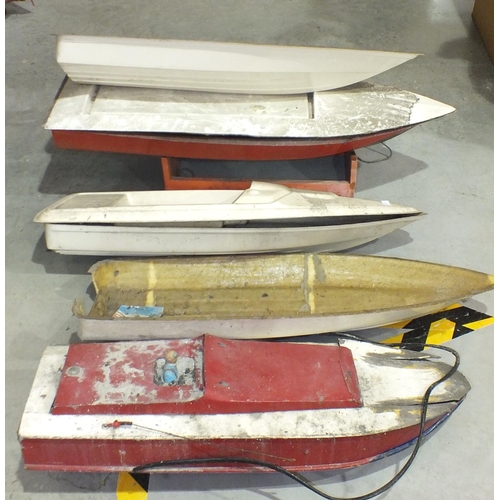 188 - Five wood and fibreglass model power boats, largest 108cm, all in disrepair, (5).