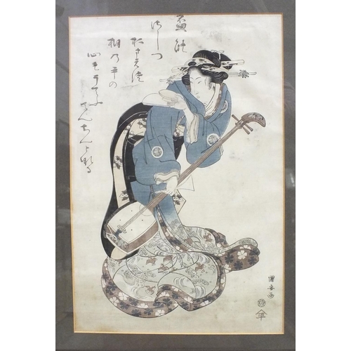 189 - A Japanese coloured print, GEISHA PLAYING A LUTE, 37.5 x 25cm and one other of bamboo, (2).