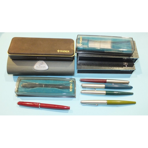 207 - A collection of six various Parker fountain pens with five empty Parker pen cases.