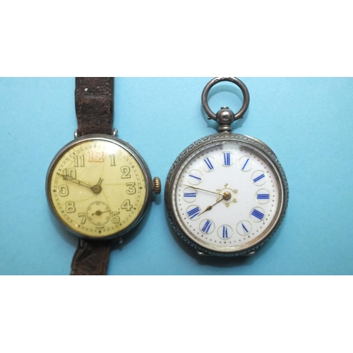 233 - A WWI silver-cased trench watch, with enamel dial and subsidiary dial, wire lugs, Swiss movement (wo... 