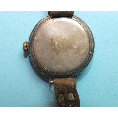 233 - A WWI silver-cased trench watch, with enamel dial and subsidiary dial, wire lugs, Swiss movement (wo... 