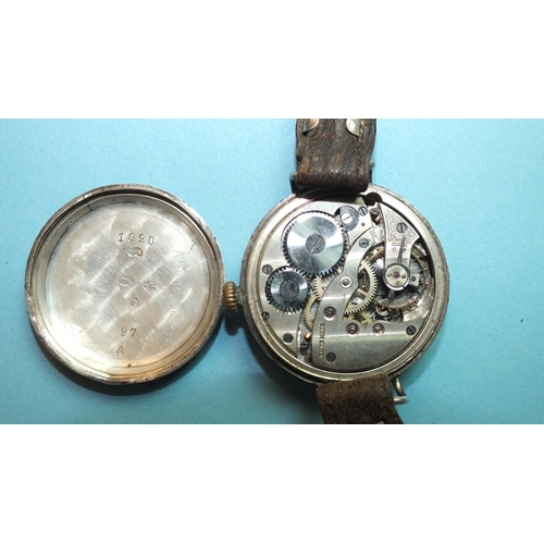 233 - A WWI silver-cased trench watch, with enamel dial and subsidiary dial, wire lugs, Swiss movement (wo... 