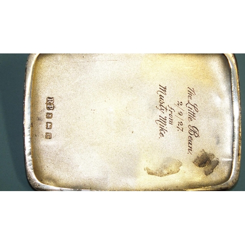 238 - A small silver cigarette case with engine-turned engraving, inscription inside The Little Bean 2/9/2... 