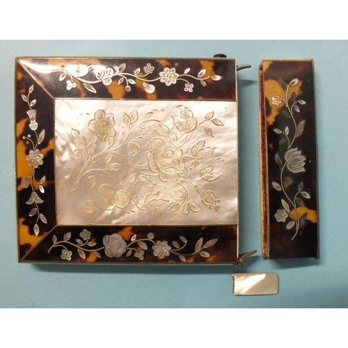 251 - A tortoiseshell and mother of pearl card case (af), and a quantity of costume jewellery.