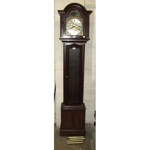 63 - A modern mahogany-cased grandfather clock, having arched moon phase dial with day, month, date and s... 