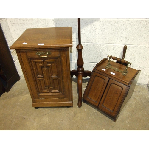 65 - An Edwardian oak purdonium with panelled front, 41cm wide, a walnut coal box with mechanical opening... 