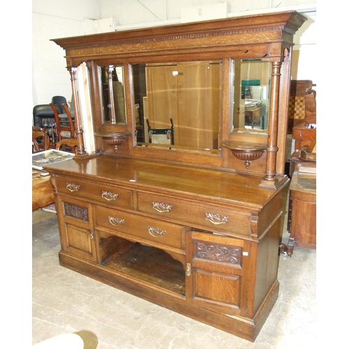 72 - A large late 19th/early20th century mirror-backed sideboard, the mirrored back with dentil cornice o... 