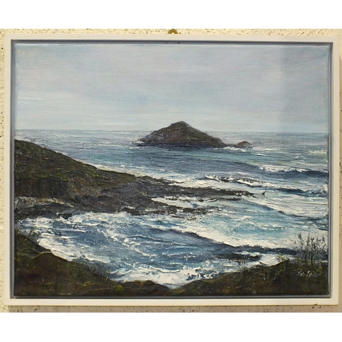 77 - Jan Spiller, MEWSTONE FROM WEMBURY, signed oil on canvas, 40 x 51cm; Keith Stott, WINTER AT GLASSCOM... 