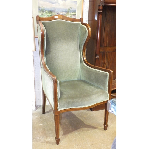 1 - An Edwardian mahogany-framed upholstered salon chair with high back, on square tapered legs and a sm... 