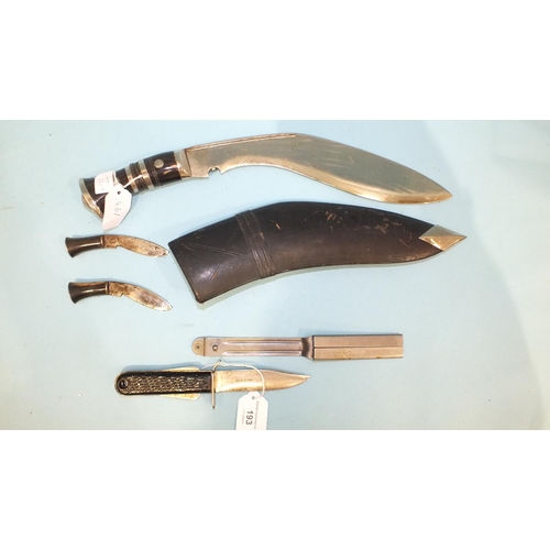 193 - A horn-handled kukri knife in scabbard, with two miniature knives and a sheath knife by George Ibber... 