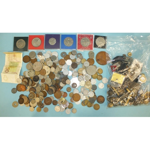 195 - A collection of military badges, buttons and coinage, etc.