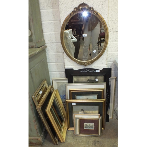 34 - A quantity of pictures and prints, a gilt-framed oval mirror and three other mirrors.... 
